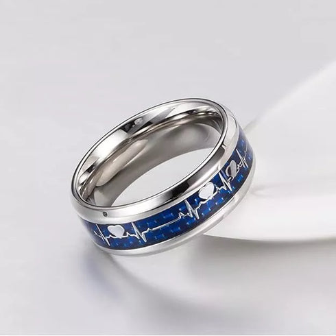 Men's 8mm Tungsten Blue Heartbeat Pattern Carbon Fiber Comfort-Fit Wedding Band